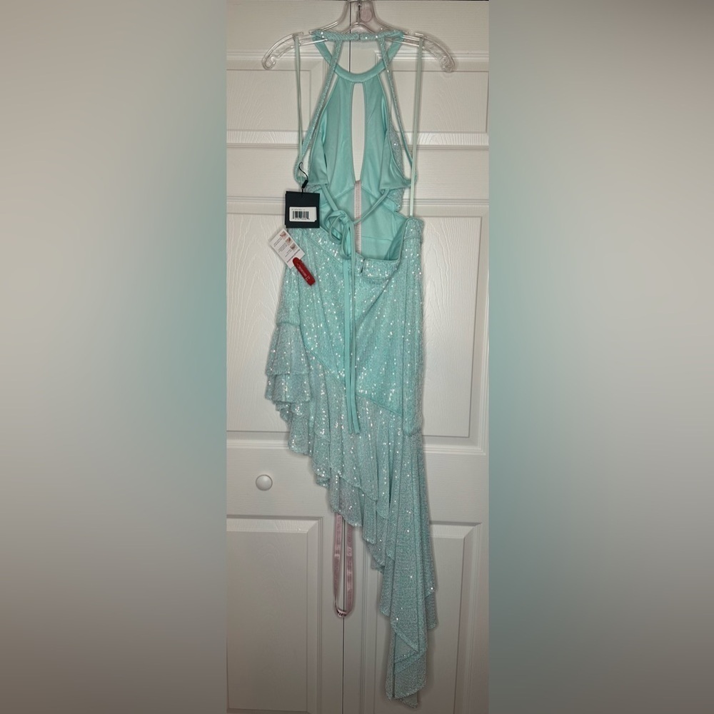 Mac Duggal NWT Blue Sequined Halter Ruffle Asymmetrical Dress Style #A11274 - Picture 7 of 12